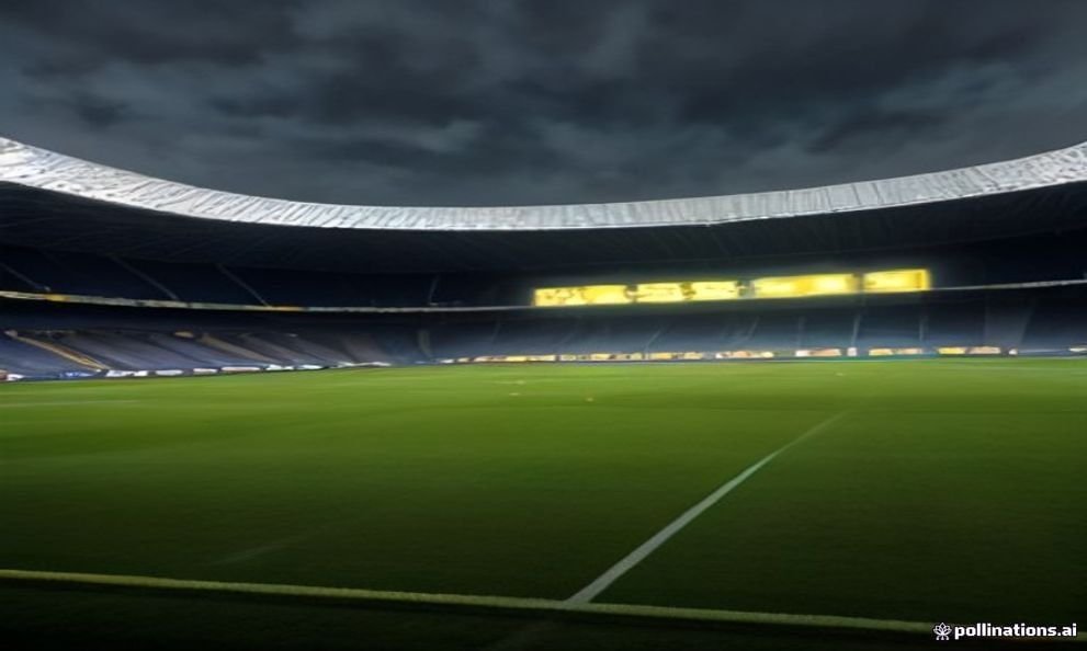 Gece aydınlatması altında boş bir futbol stadyumu ve sarı-lacivert renklerde tribün detayları